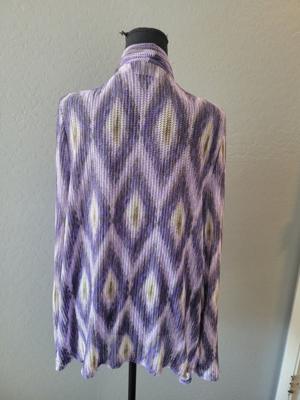 Chico's Purple & White Ikat Geometric Mesh Open Front Cardigan Size 3 (XL) - Picture 5 of 10